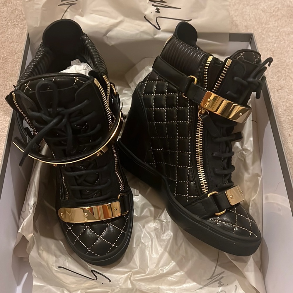 Giuseppe Zanotti Black Quilted Leather Lorenz Wedge Sneakers Size